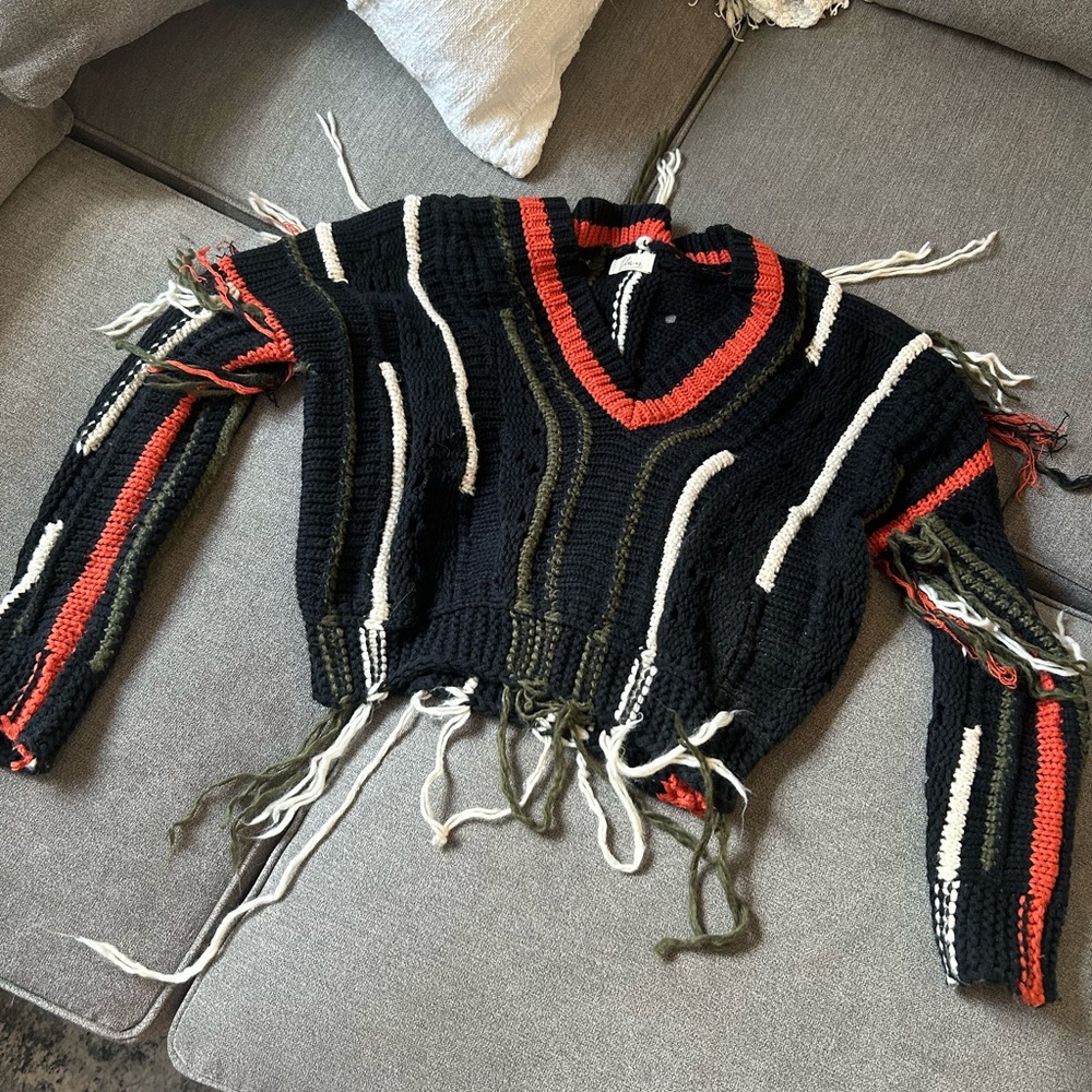 Elan Black and Red V-Neck Sweater with Fringe Details